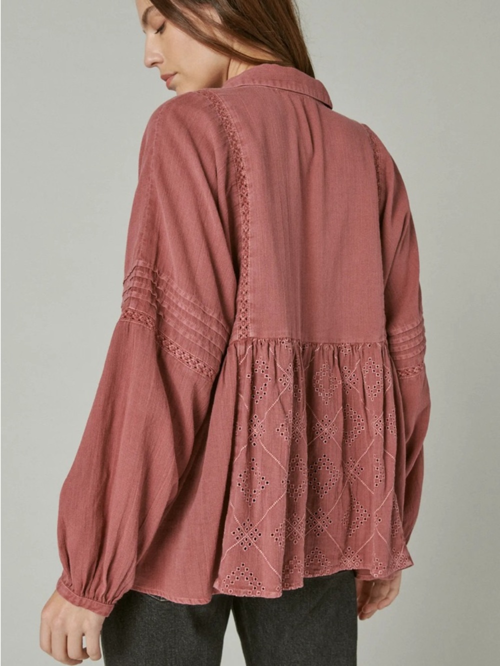 Lucky Brand Dusty Rose Boho Embroidered Peplum Top XL Oversized Eyelet Blouse - Picture 4 of 8